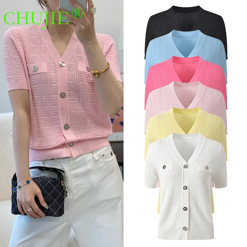 

CHUJIE 2026 Летний новый стиль: свежий и простой универсальный вязаный топ с V-образным вырезом, на пуговицах, приталенный, с коротким рукавом