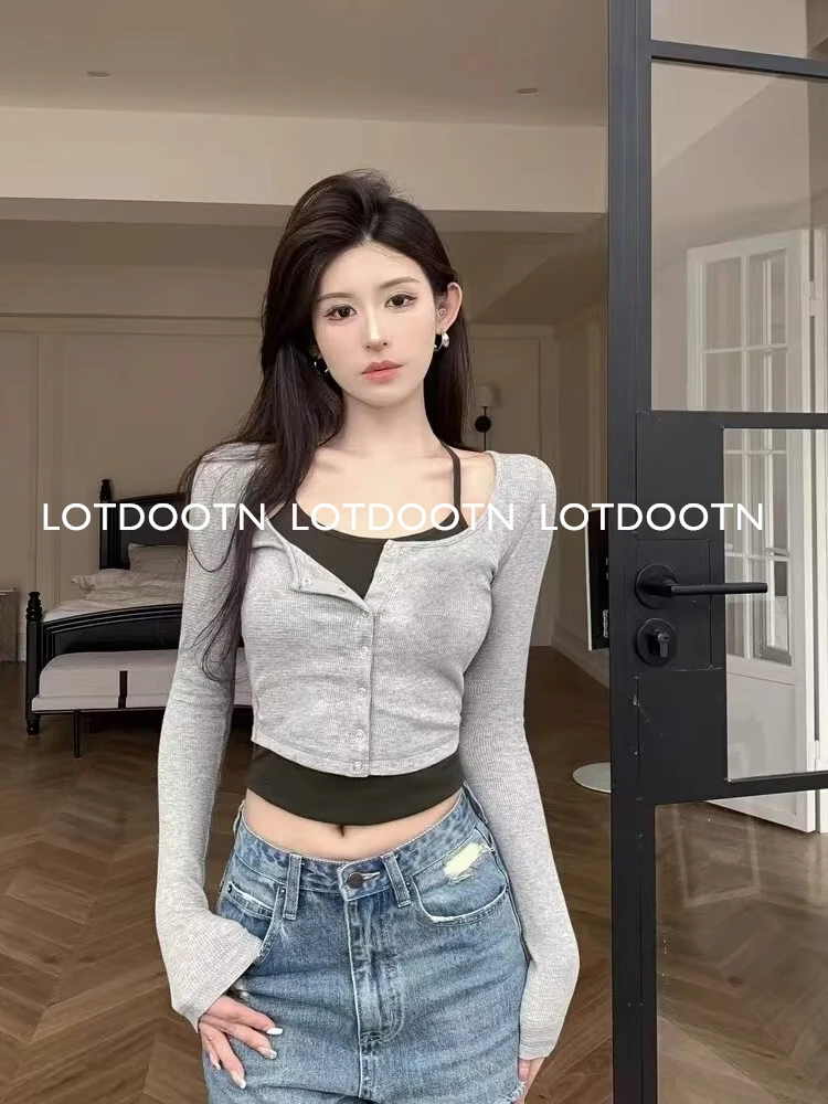 LOTDOOTN Y2K Fake Two Piece T-Shirts Women Fashion Patchwork Aesthetic Crop Tops Female Spring Autumn Slim Fit Long Sleeve Tees