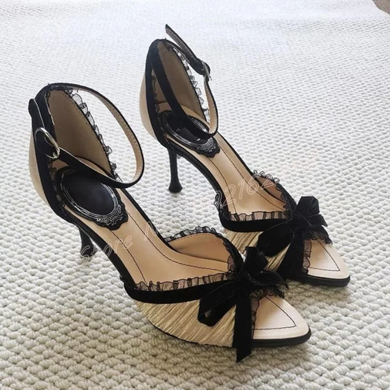 

Новые женские туфли на высоком каблуке 2026 года с абрикосовым кружевом и бантом, модные вечерние босоножки на шпильке с открытым носком, Zapatos Mujer 40