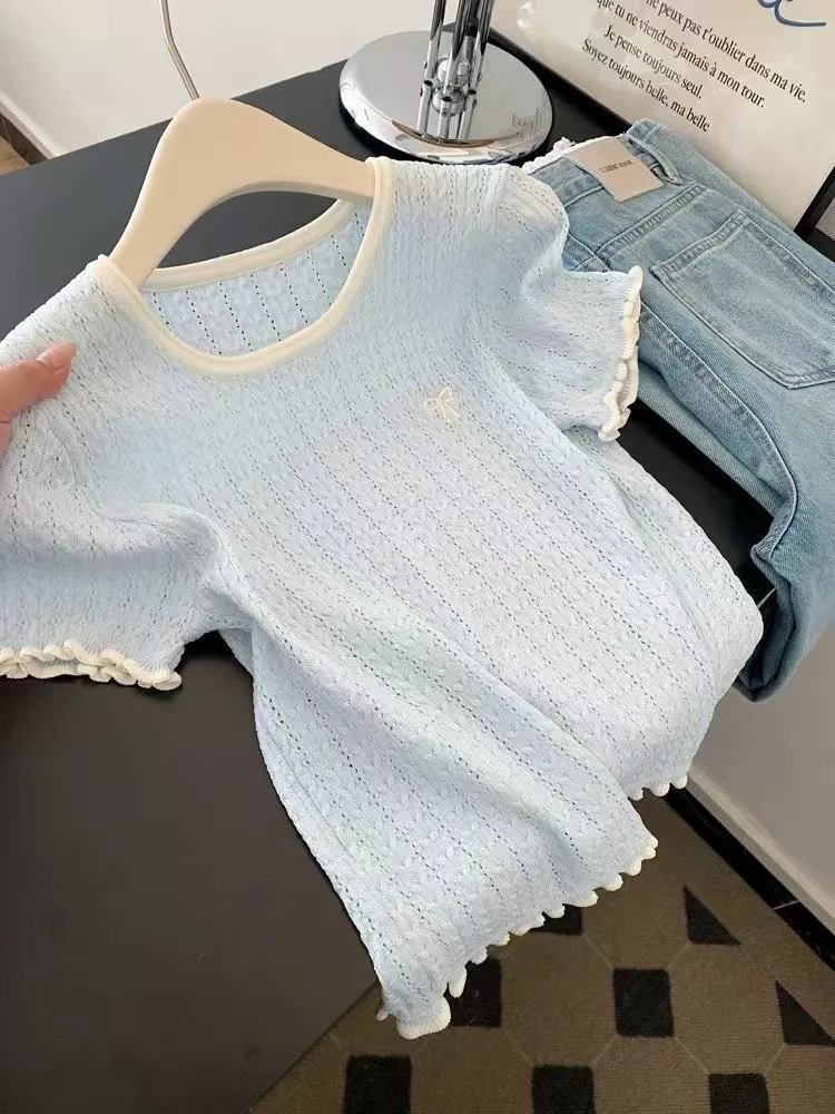 Korean Style Blue Bow Knot U-Neck Short Sleeve Women's T-Shirt Sweet Knitted  Summer Top Shoulder Level Design