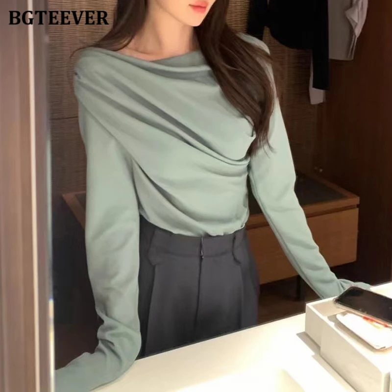 BGTEEVER Elegant Slash Neck Women Pullovers T-shirts Long Sleeve Loose Female Tops Spring Fashion Ladies Tees