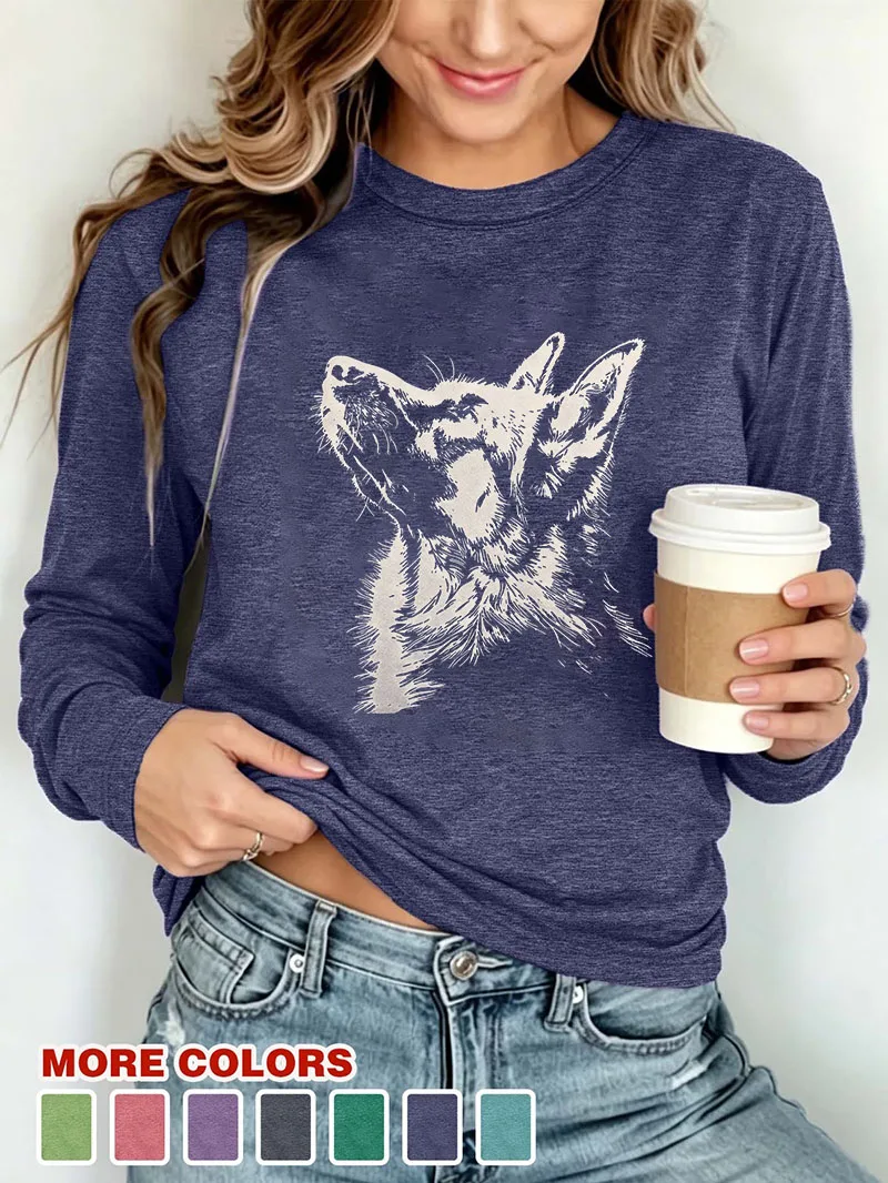 Women Vintage Sketch Animal Print Long Sleeve T Shirt Crew Neck Soft Casual Tees Spring Autumn Fashion Ladies Daily Wear Tops