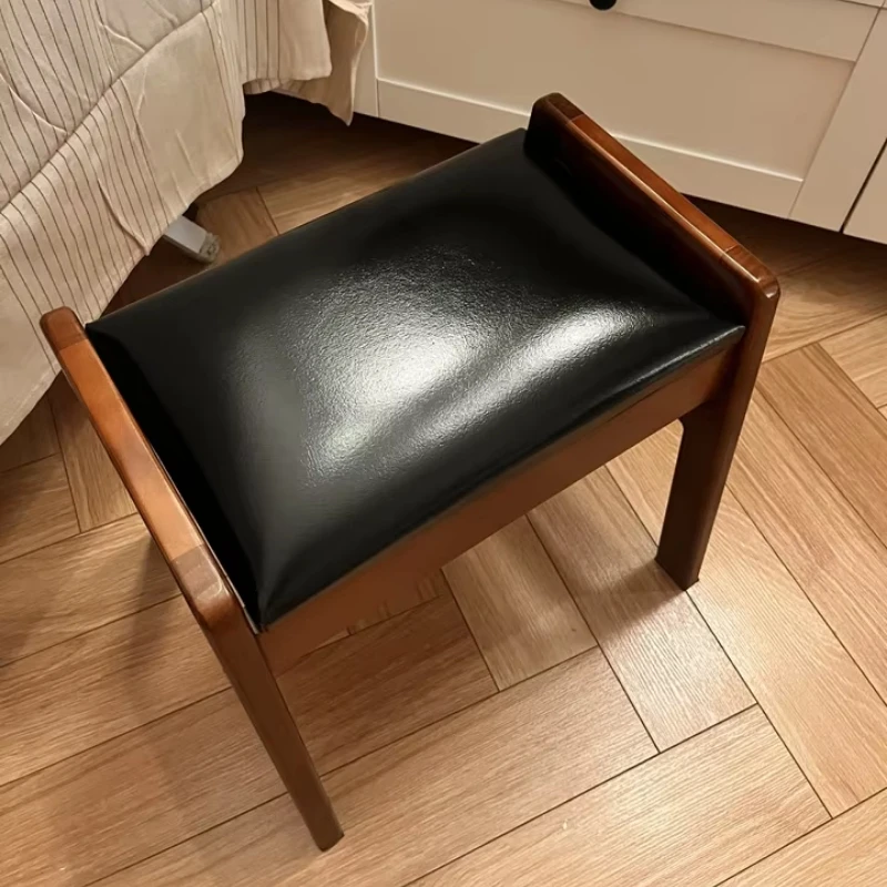 Solid Wood Upholstered Stool Padded Vanity Bench Low Footrest Ottoman Soft Cushion Stool Adjustable