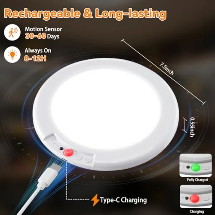 Rechargeable Ceiling Light 2Pack, 3 Color Magnetic Motion Sensor Lights with Remote, Wireless Dimmable Closet Light Battery Ope