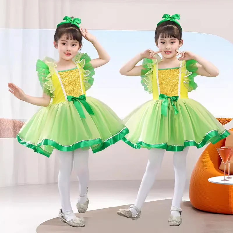 女の子子供モダンダンスドレス子供スパンコールグリーンピンクタゲパフォーマンス衣装スターダンス衣装女の子子供