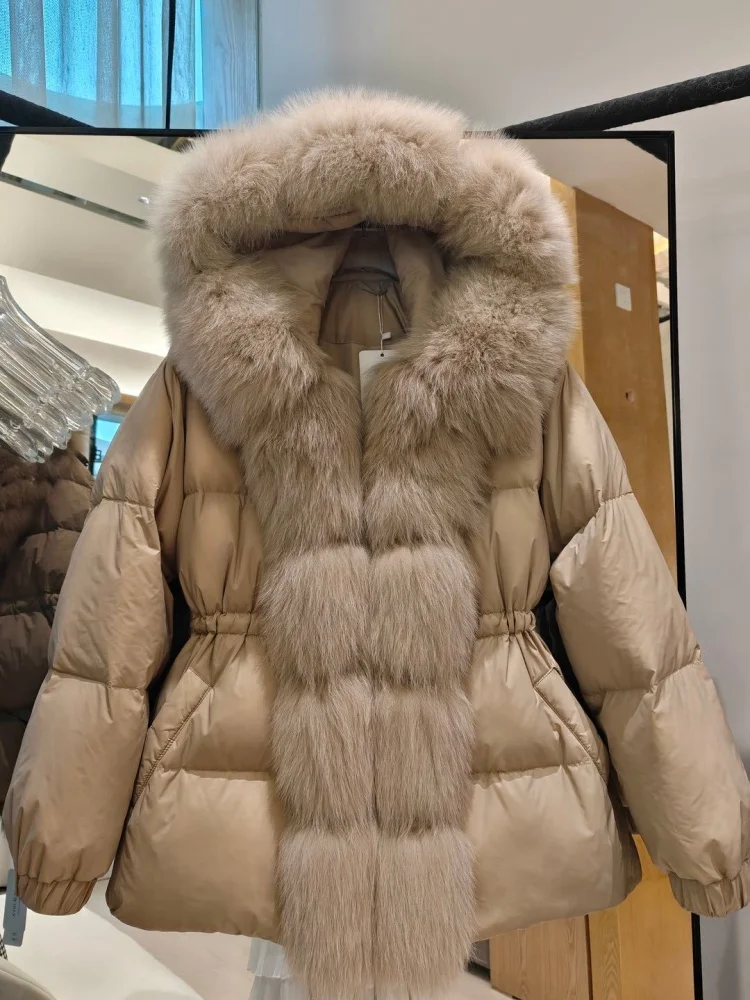 

Зима 202, женская модная повседневная куртка на флисовой подкладке, толстая теплая куртка на утином пуху, высококачественная верхняя одежда с воротником из лисьего меха с гусиными перьями