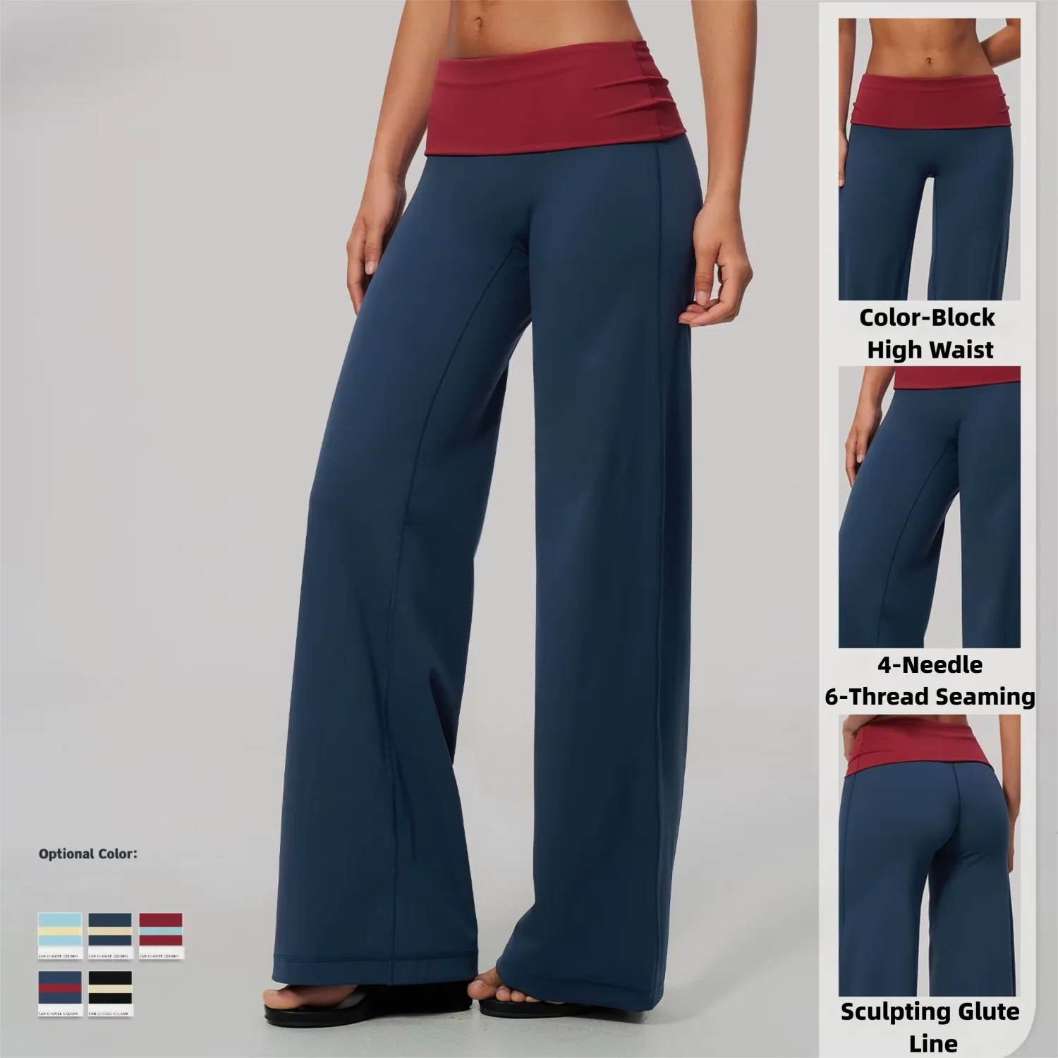 High Waist Yoga Pants Color Block Folded Waist Tummy Control Hip Lifting Outdoor Running Fitness Sports Long Trousers
