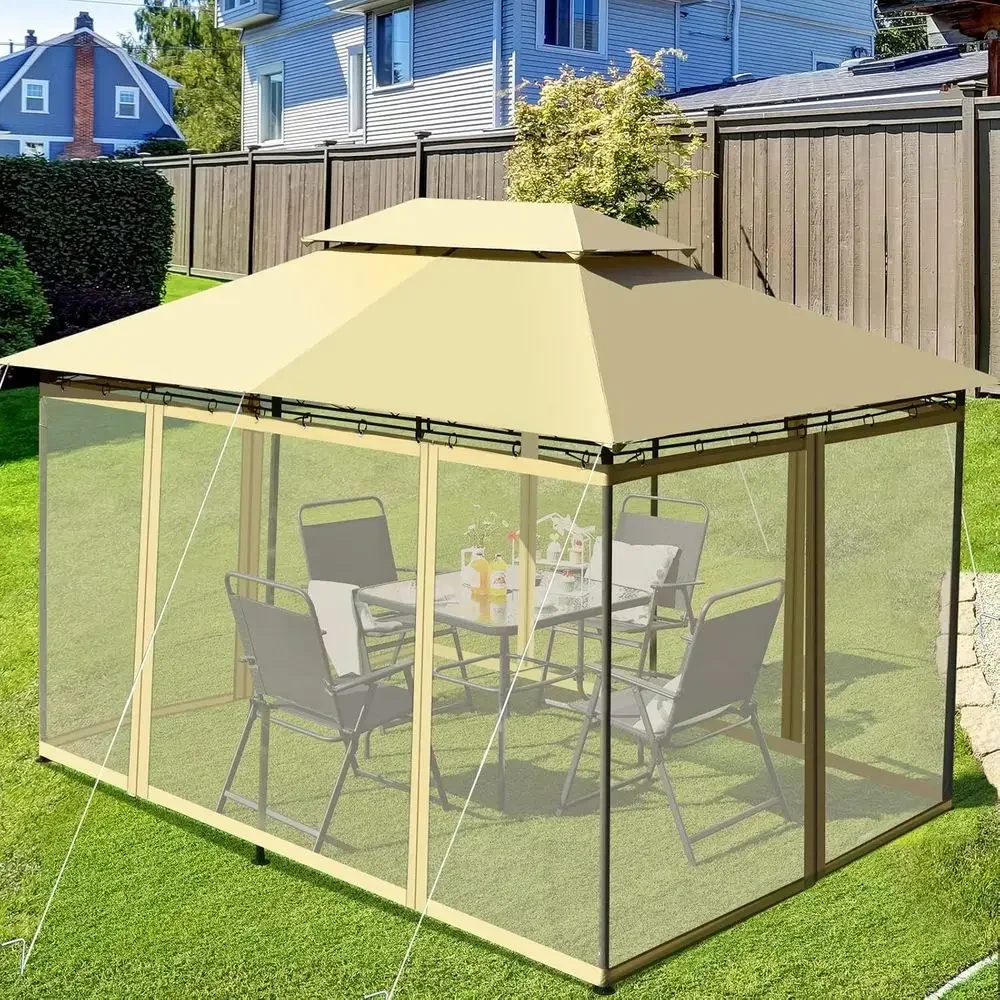 10' x 13' Two-Tier Gazebo with Removable Netting, 130 sq ft Shade Area, Perfect for Backyards, Decks, Gardens in Beige