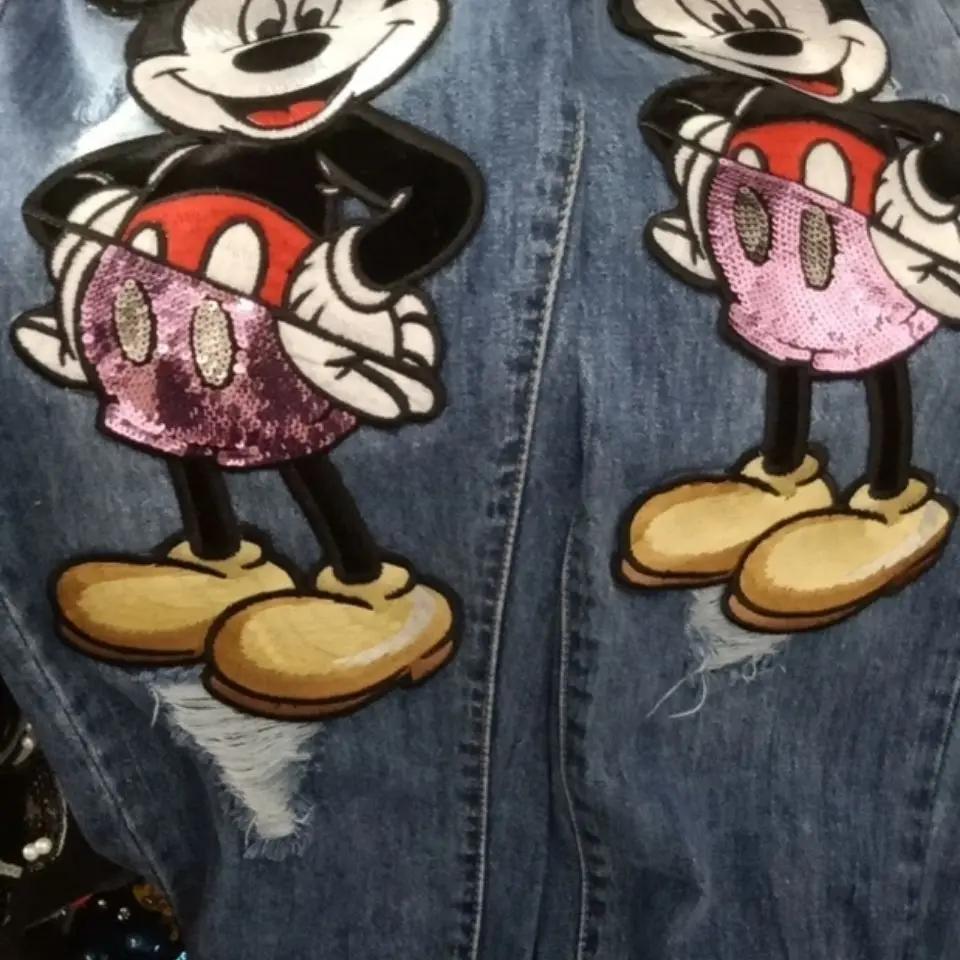 Celana longgar bergaya Mickey lucu kartun Disney untuk wanita, celana denim lurus ramping bersulam musim semi dan musim gugur yang baru, hadiah.
