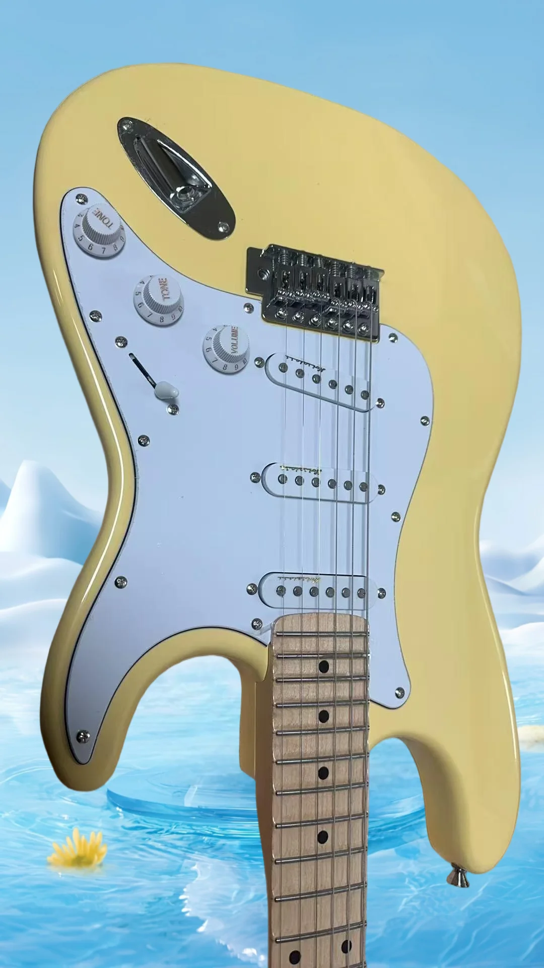 Guitarra Malmsteen 2026 en oferta, diapasón festoneado, pastillas Dimarzio, guitarra de cabeza grande, amarillo lechoso, alta calidad