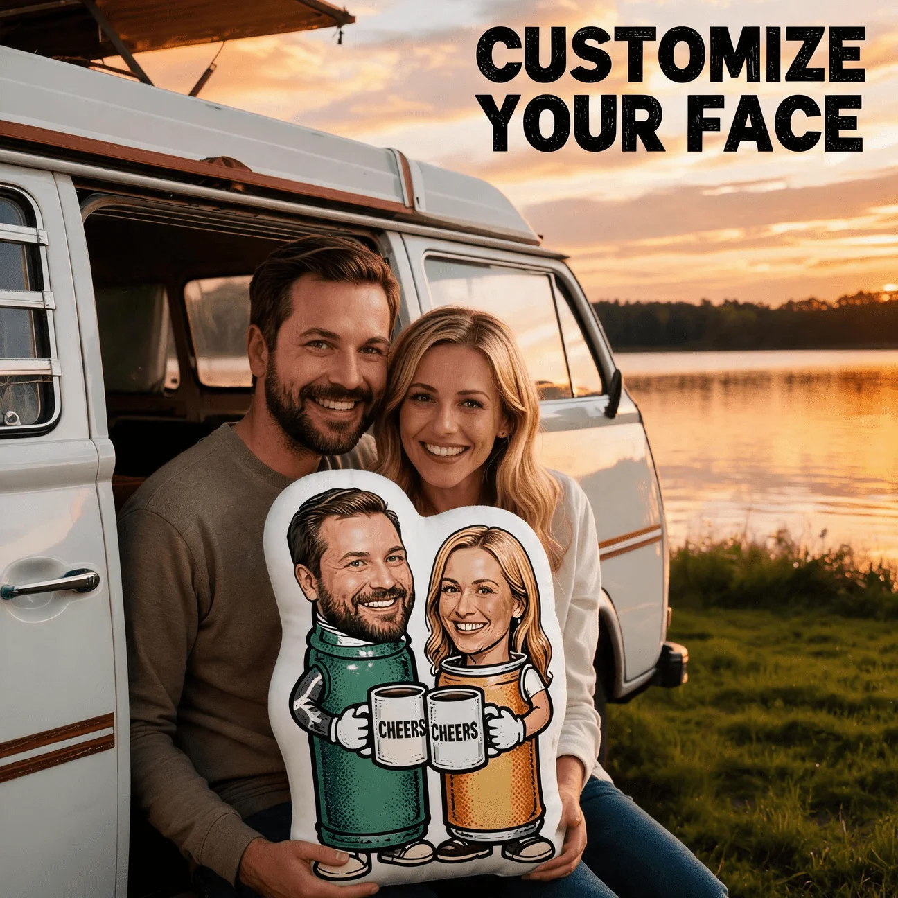 Custom Personalized Photo Face Pillow, Funny Couple Beer Can Body Custom Shaped Decorative Cushion, Cheers Toast Design Accent P