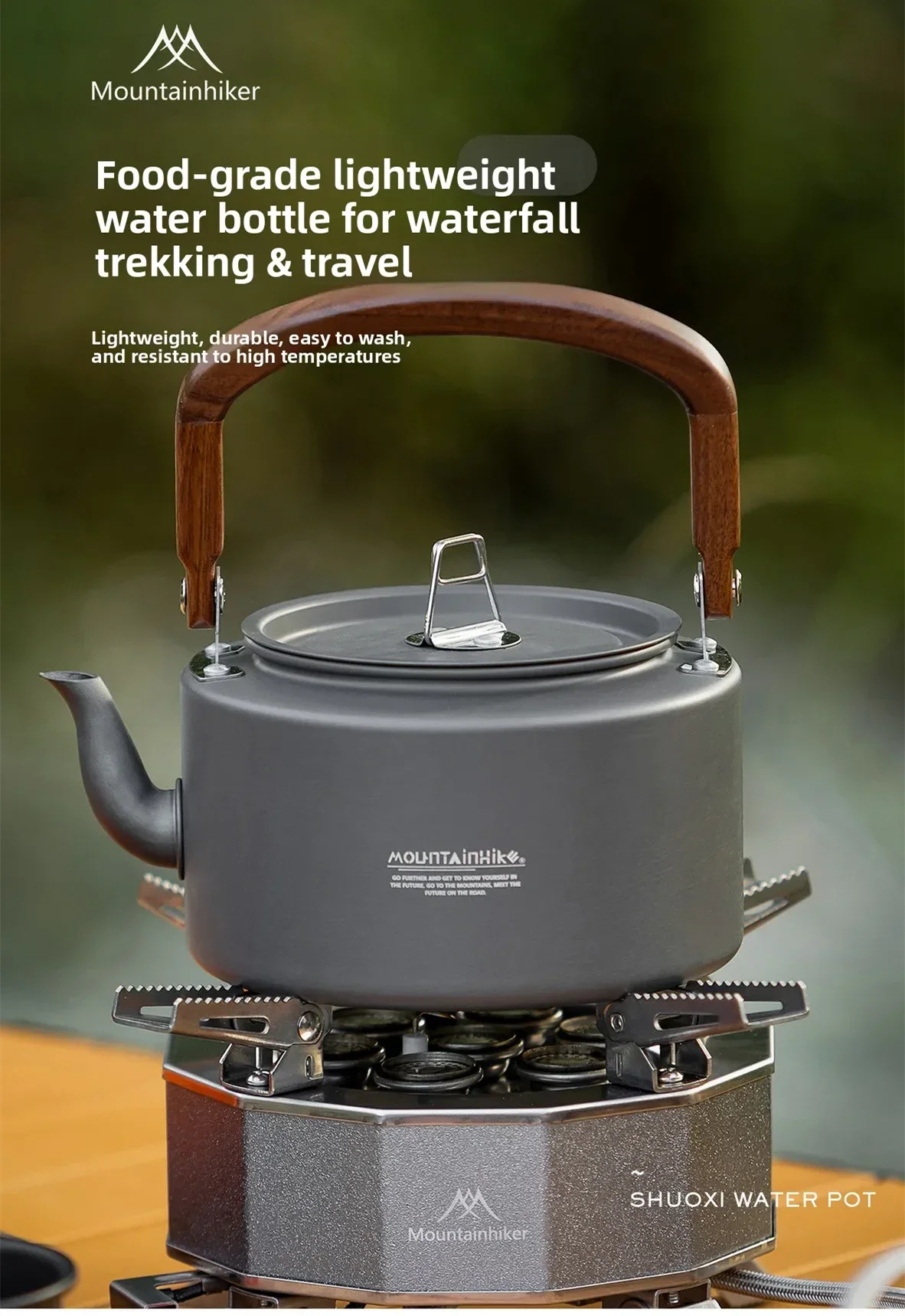 

Mountainhiker 1.4L Tea Kettle- Aluminum Alloy Construction Wooden Handle Portable Outdoor Camping Hiking Durable Cookware Kettle