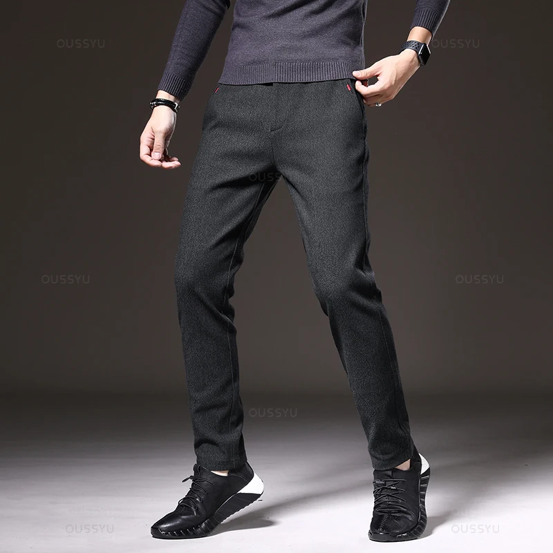 Autumn Winter Men\'s Brushed Fabric Casual Pants Business Fashion Slim Fit Stretch Thick Gray Blue Black Cotton Trousers Male