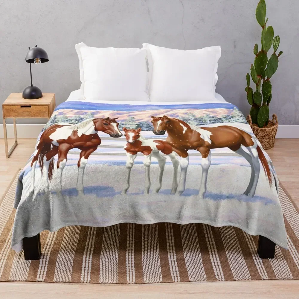 Chestnut Pinto Sorrel Paint Quarter Horses In Snow Throw Blanket Retros Nap Kid'S christmas decoration Blankets