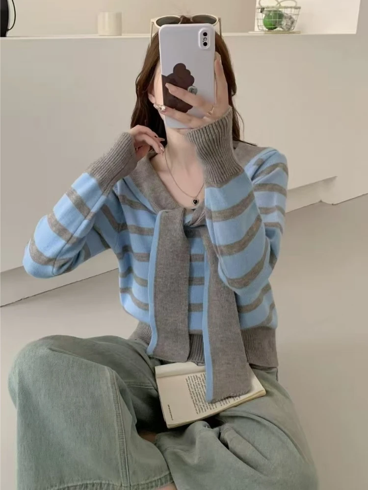 Suéteres de Mujer con Cuello Marinero, Moda Otoñal, Cómodos, Simples, de Manga Larga, Elegantes, Casuales, a Rayas, Estilo Coreano, Tejidos Versátiles para la Calle