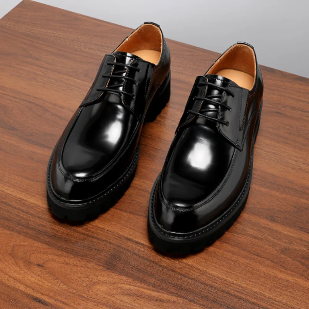 

New Fashion Mens Formal Derby Shoes Full Cow Leather Bright Surface Thick Sole Height Increasing Lightweight