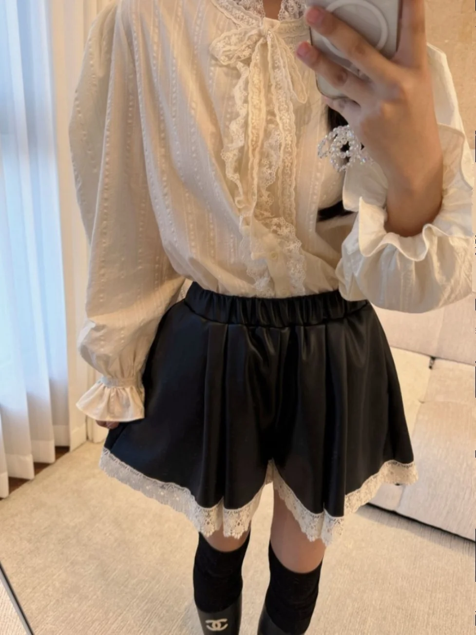 

Lace Trim Splice Loose Women's irt Knot Belted Anti-Aging Bell Sve Top Trendy Cotton Long Sve Stand Collar