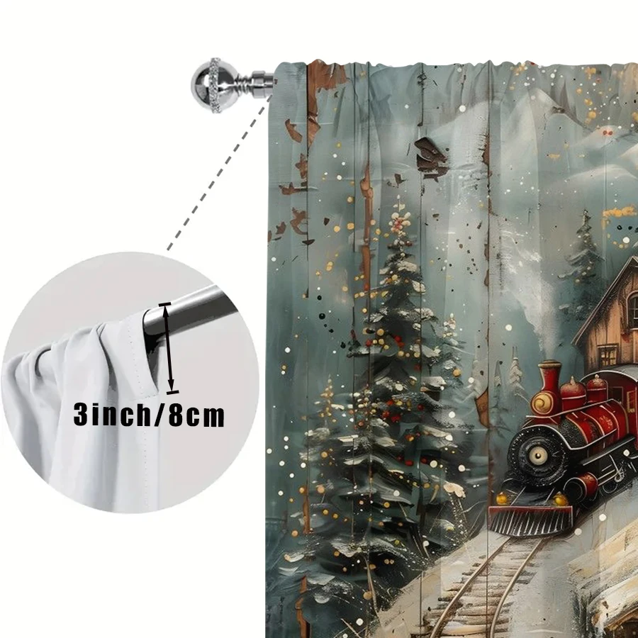 2PCS Christmas Train Curtains, Vintage Wooden Board Snowy Village Scene, Retro Holiday Locomotive Window Drapes for Bedroom