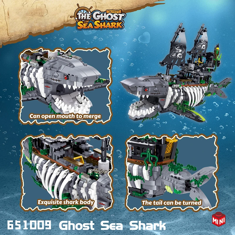 1155PCS Shark Ghost Pirate Ship Building Blocks Fantasy Sea Monster Ship Model Bricks With Light Educational DIY Toy For Adults