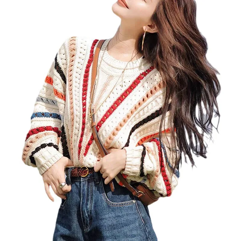 2025 Striped Hollow Knitted Batwing Sleeve Crewneck Sweater Women's 2025 Autumn New Korean Style Loose Simple Elegant Casual Top