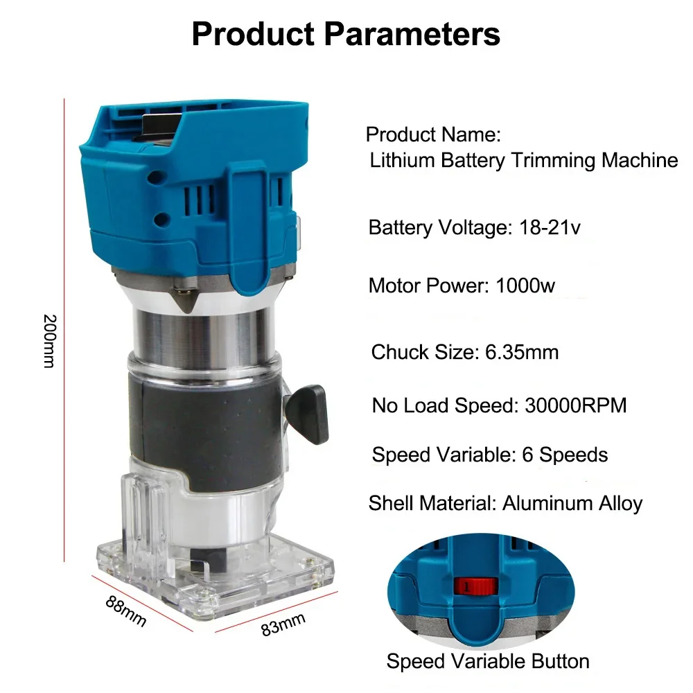 Woodworking Electric Trimmer 1/4inch Brushless Millilling Burning Slotting Machine Wood Road Triming Tool For Makita 18V Battery