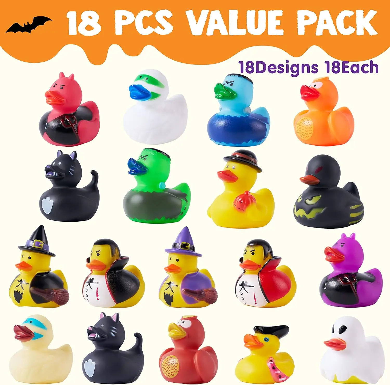 18PCS Halloween Fancy Novelty Assorted Rubber Duck for School Classroom present Bath Toy Prize Ducky,Trick or Treat Filler Party