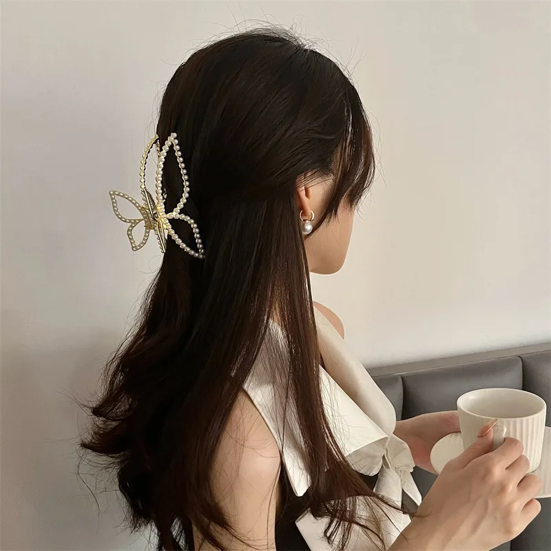 Pinza para el pelo Simple y elegante para mujer, accesorio para el cabello con lazo de perla, Pinza de agarre de Metal, pinza de tiburón, pinza para