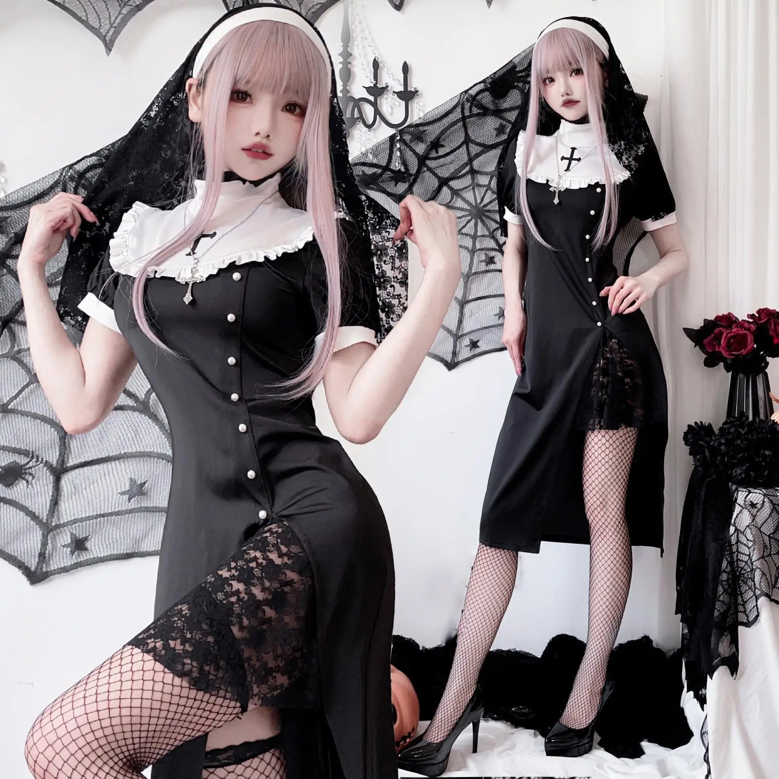 

Nun Cosplay Costume Women Fancy Dress Set Halloween Party Roleplay Outfit Adult Nun Dress Black Fancy Cosplay Dress Up