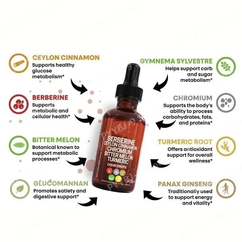 Berberine Chromium Turmeric Ginseng Liquid Drops 60ml Organic Herbal Supplement Daily Wellness Balance Support for Adults