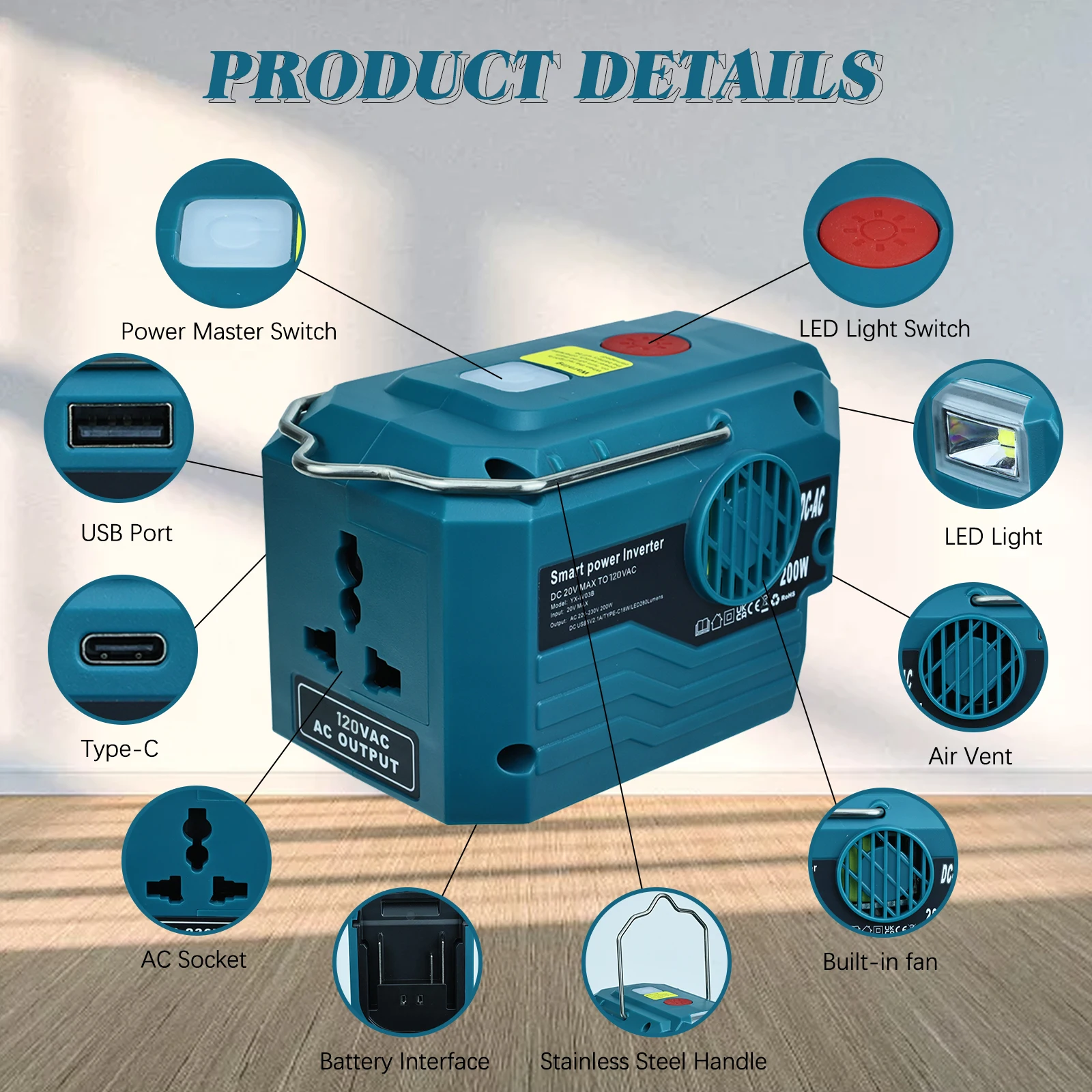 200W Portable Power Inverter 120V/220V Outdoor Mobile Lithium Battery Inverter with LED Light for Makita 18V 20V Li-ion Battery