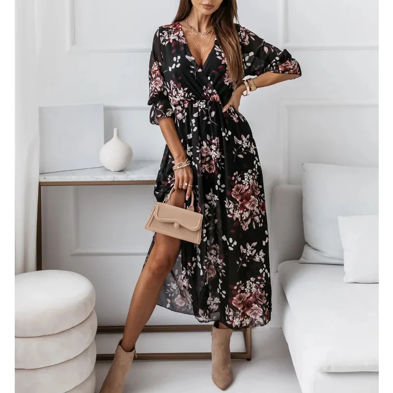 Vestido de fiesta elegante con estampado Floral para mujer, vestido Midi de cintura alta, manga corta, escote en V profundo, moda de verano