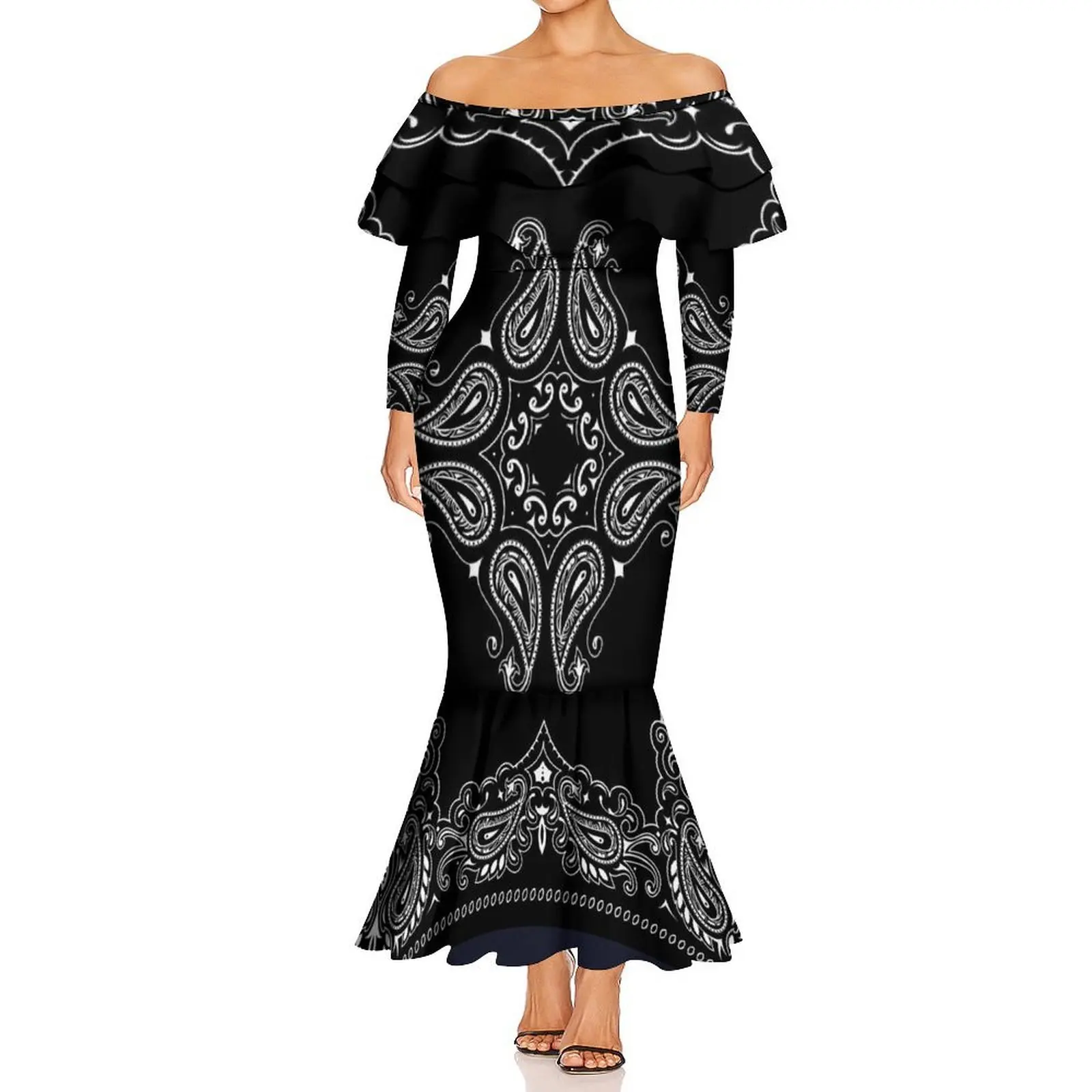 Verão bandana um pescoço de manga comprida dupla camada babados feminino emagrecimento fishtail vestido havaiano vestido personalizado padrão