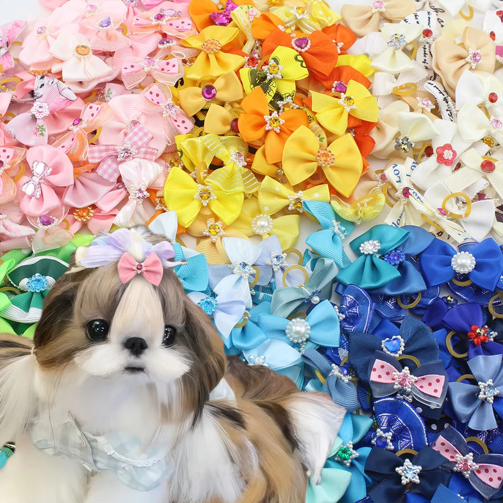 New 10/50 Pcs Wholesale Pet Pet Dog Cat Hair Bows Rubber Bands Rubber Bands Diamond Dog Accessories Small Dog Pet Supplies Cute