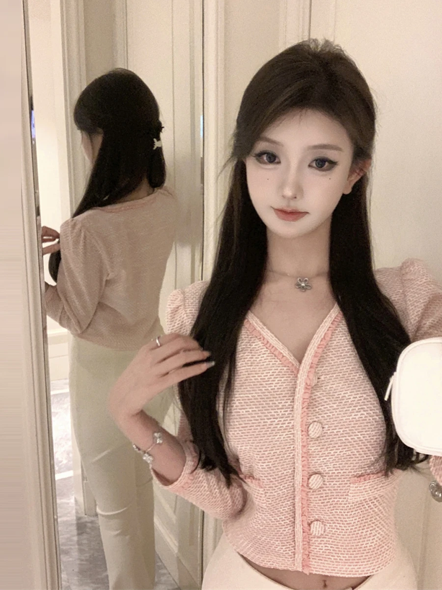 Fall Season V-neck Texture Sensation Seven-eighth Sleeve Women's Outerwear French Style Slimming Earlet  Top