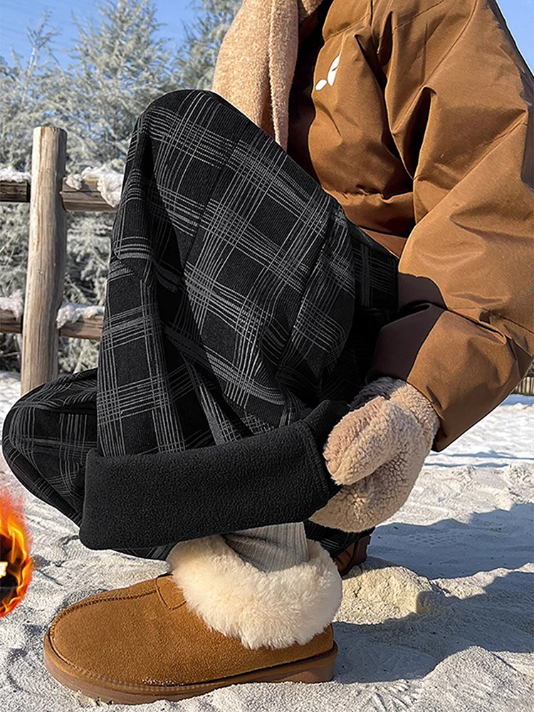 

American Retro Plaid Pants Men's Thiened A-Line Wide Leg Cotton Trousers Autumn Winter Outerwear Cold Resistance Casual Pants