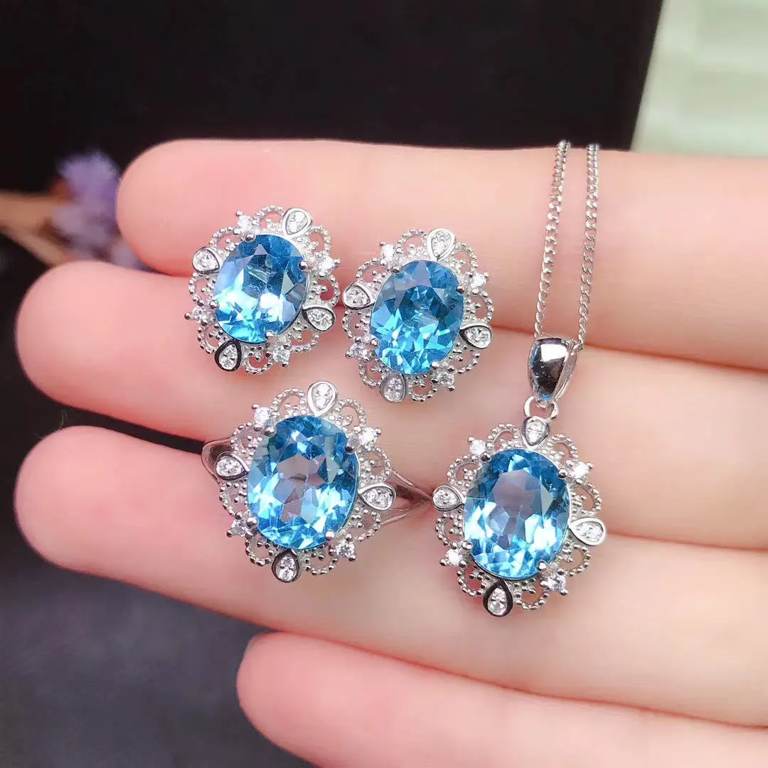 

Natural Swiss BlueTopaz Jewelry Set Elegant 925 Silver Ring and Pendant Earring Jewelry Set for Daily Wear VVS Grade