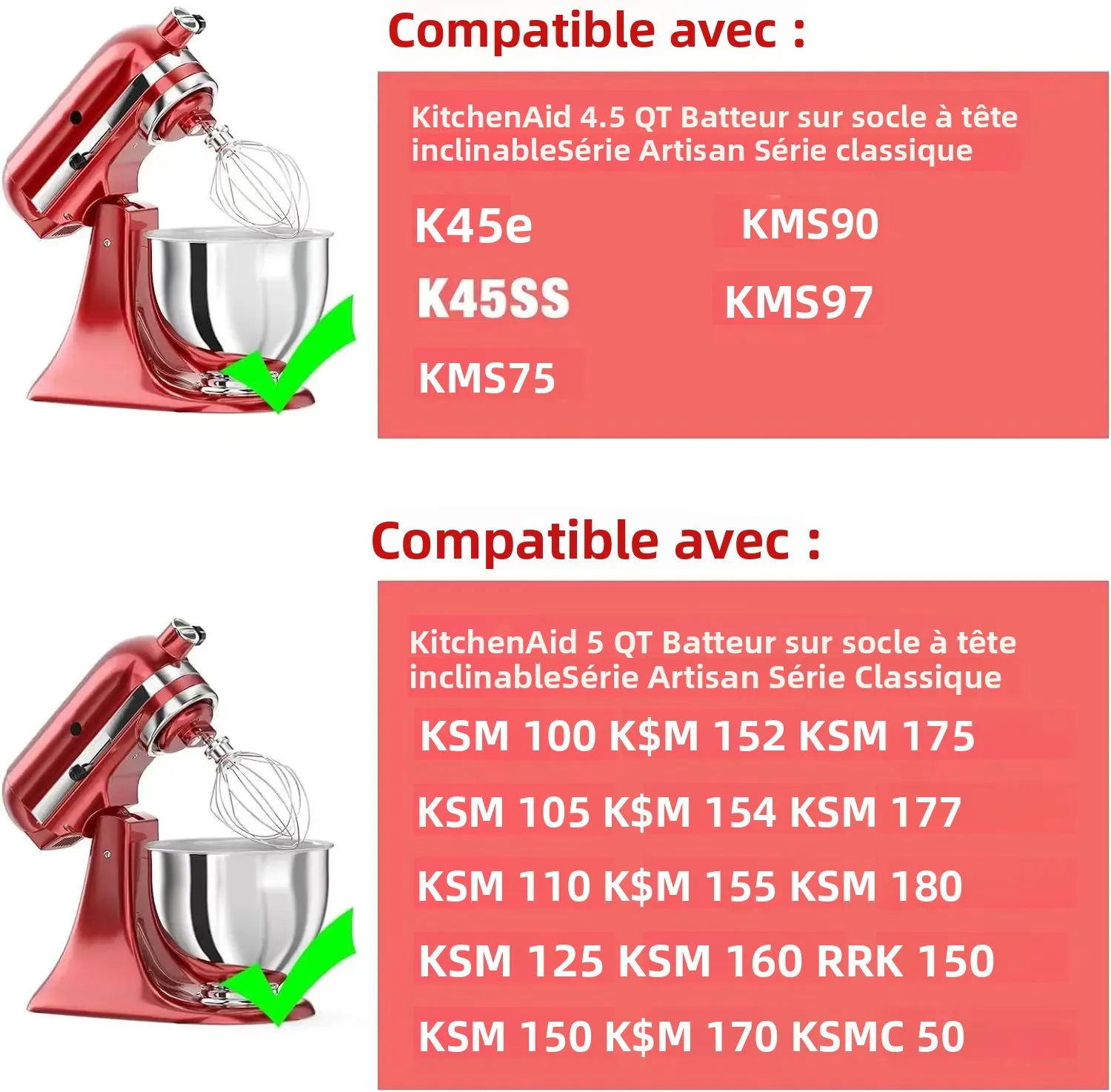 Image 7: Fouet en fil d'acier inoxydable K45WW, accessoire de remplacement pour batteur KitchenAid 4.5-5QT avec support de bol