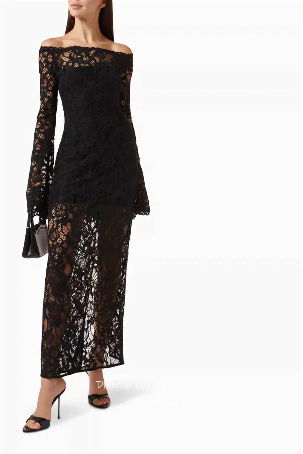 เดียนรู อิลลูชั่นชุดราตรีลูกไม้สีดำปิดไหล่แอพพลิเคชันเดรส เดอ โนเวียเซ็กซี่ยาวชุดโอกาสพิเศษที่กำหนดเอง