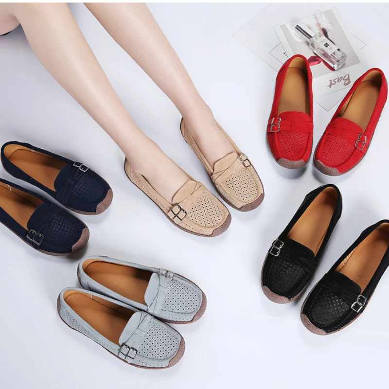 Cozy White Hollow Shoes Moccasins Women\'s Genuine Leather Ballet Flats Breathable Loafers Female Mom Soft Casual Driving Sandals