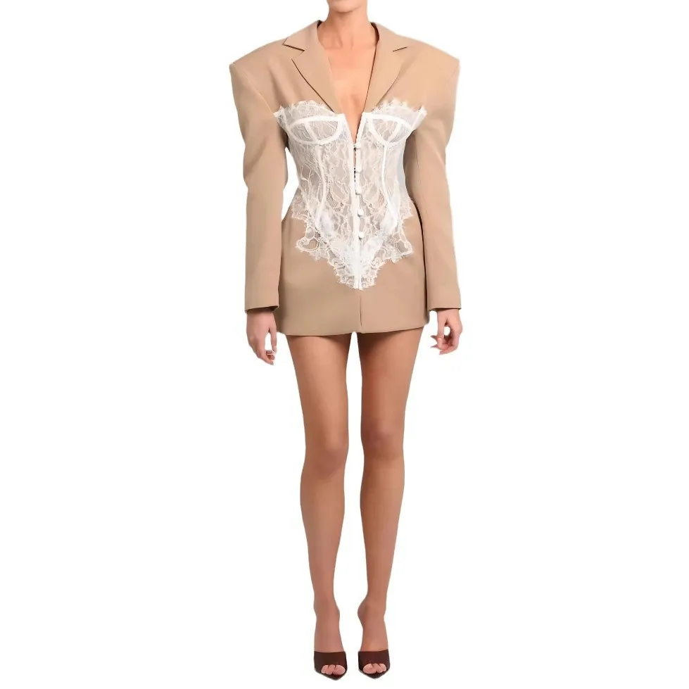 Personalized Design Lace Patchwork Suit Women's Fashion Sexy Hot Girl Cinched Waist Slim Body Shoulder Wholesale