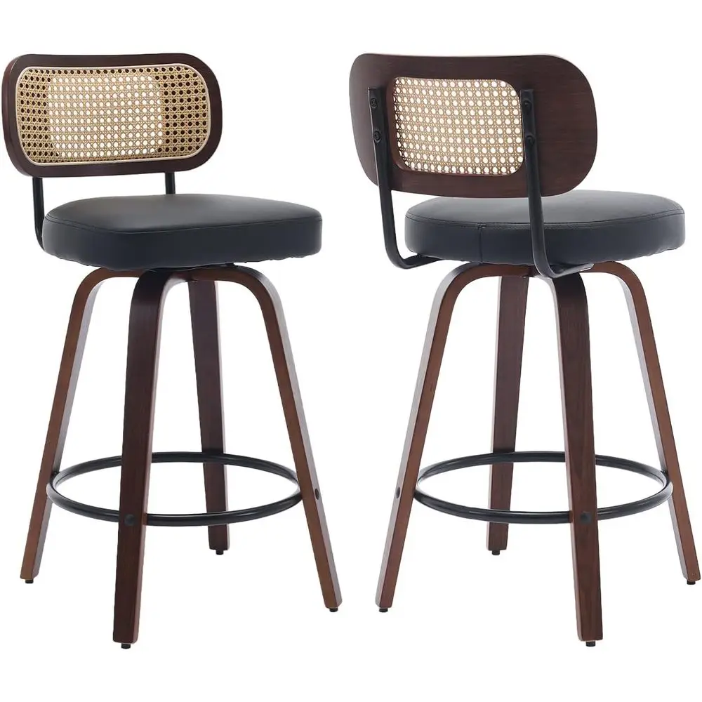 

Набор из 2 барных стульев высотой, 26-дюймовые барные стулья с изогнутой спинкой из ротанга, искусственная кожа с обивкой, мастерство из орехового дерева, Mi