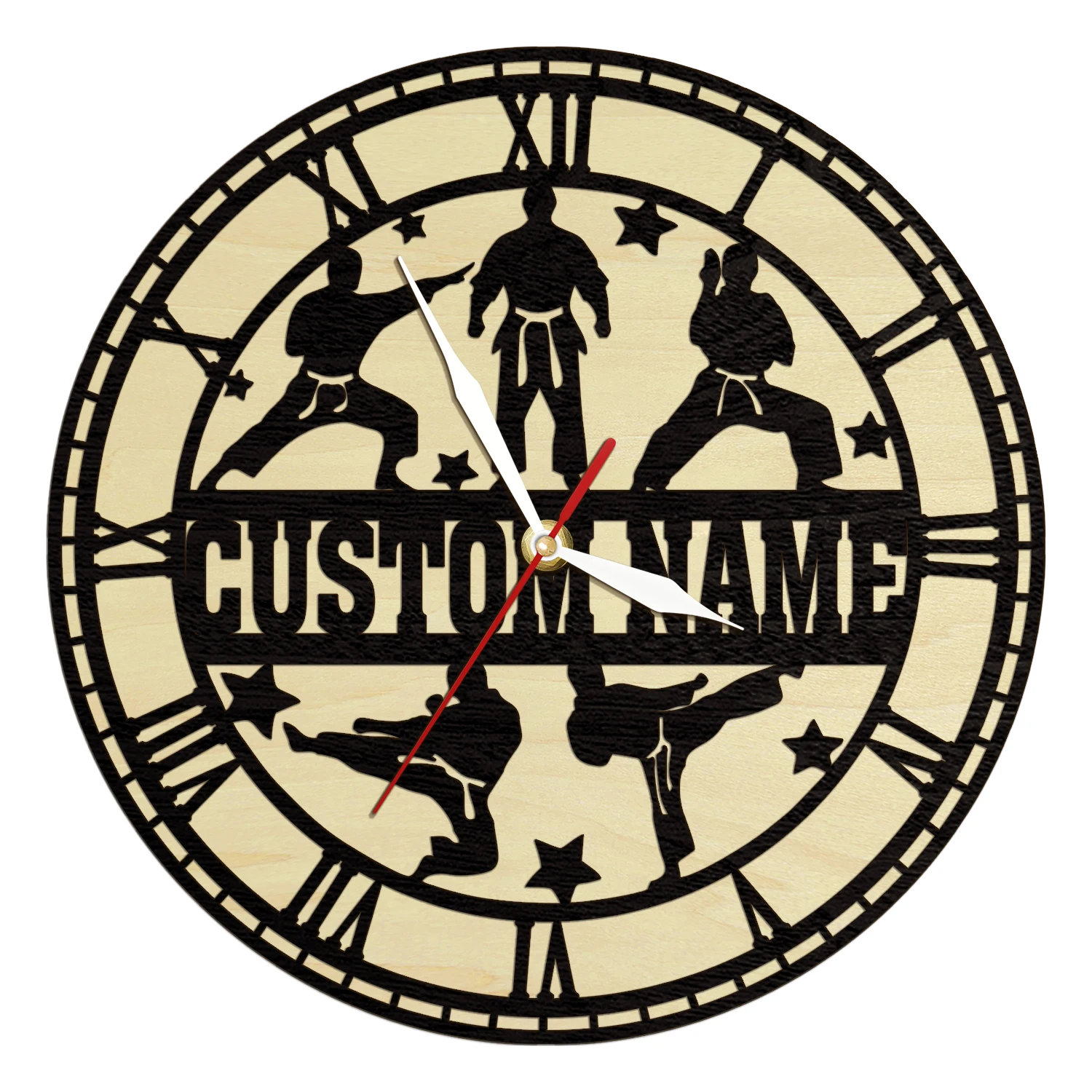 Personalized Karate Player Name Wooden Frame Wall Clock Japanese Martial Art Home Decor Wood Living Hinge Clock Fighting Artwork