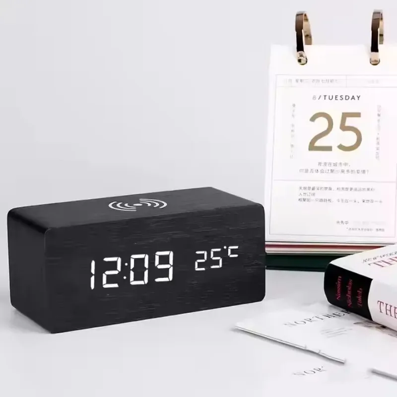 

Light Emitting Diode Alarm Clock with Wireless Charging Wooden Room Decorative Electronic Clock, Suitable for Young People