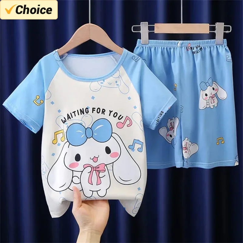 

2024 Cute Anime Summer Children's Pajamas Miniso Cinnamoroll Kuromi Pochacco Kids Milk Silk Sleepwear Girl Boy Pijamas Sets Gift