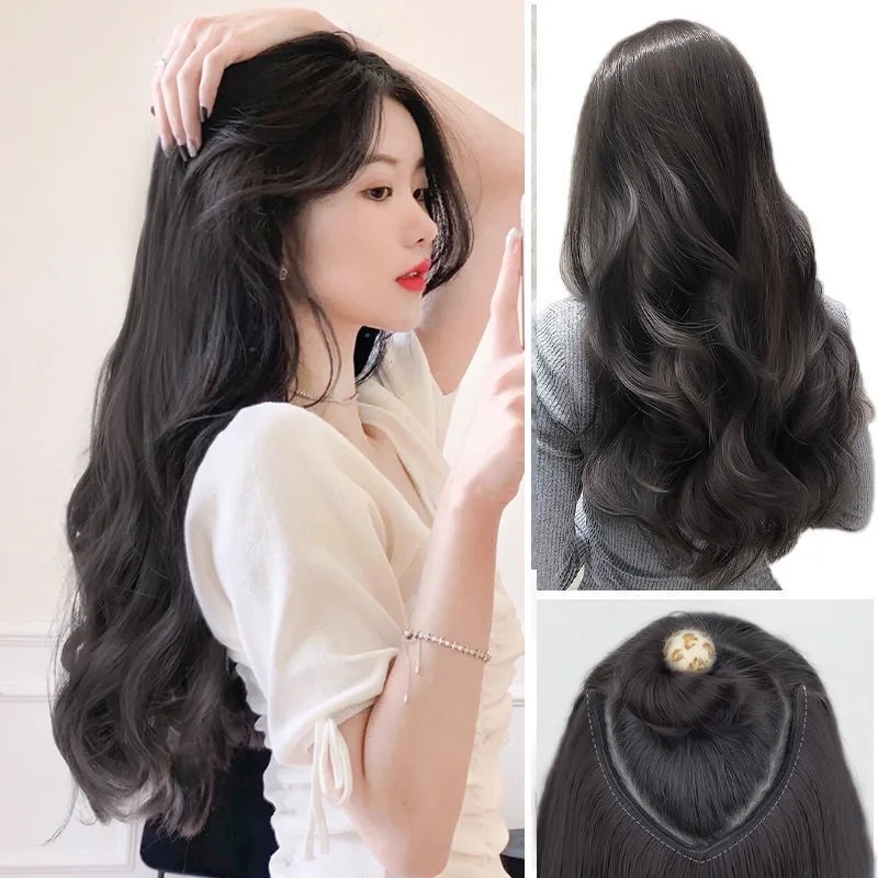 22Inch Synthetic Long Curly Hair Extension 4 Clips V-shape Natural Brown Black Hairpiece for Women