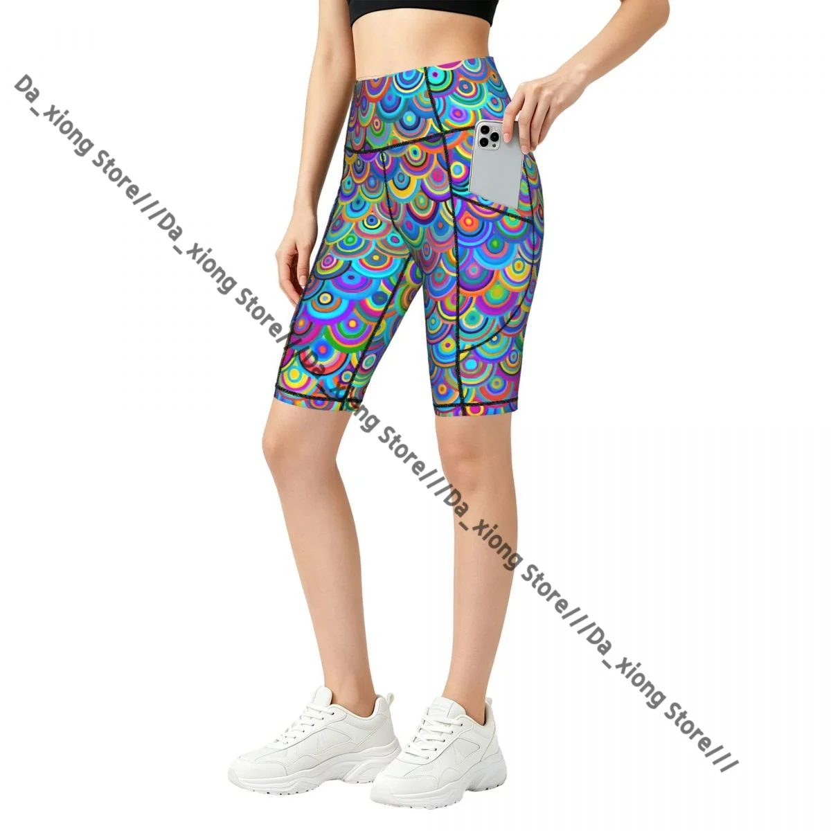 Ladies Yoga Shorts Rainbow Chain Mail Dragon Scales Background Breathable Gym Running Workout Pants