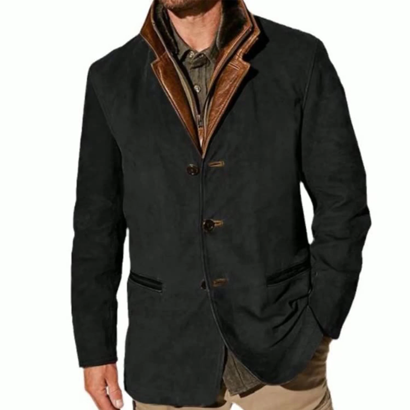 

Men's Button-Up Patchwork Jacket Leather Lapel Neck Long Sleeve Contrast Color Casual Coat