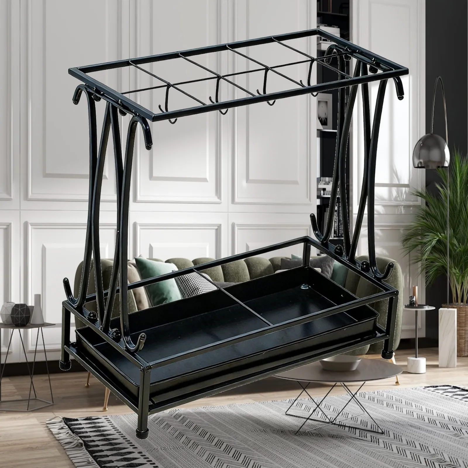 Metal Umbrella Rack Entryway Storage Stand with Large Capacity Hooks Drip Tray for Home Office Indoor Rain Organizer