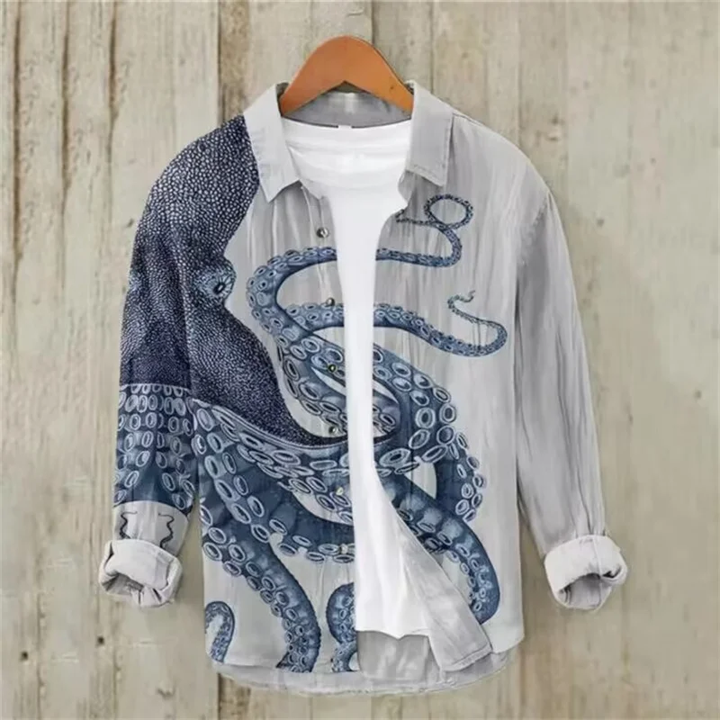 Vintage Octopus Tentacle Short Sleeve Shirt 3D Printed Bamboo Linen Casual Loose Button Shirt Trendy Men's Fishing Fashion Shirt