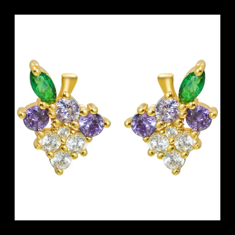 اليابانية "البنفسجي الحلو النبيذ" كريستال واضح عنب صغير S925 الفضة مطلي مطلية بالذهب وأقراط أقراط بيضاء لطيفة